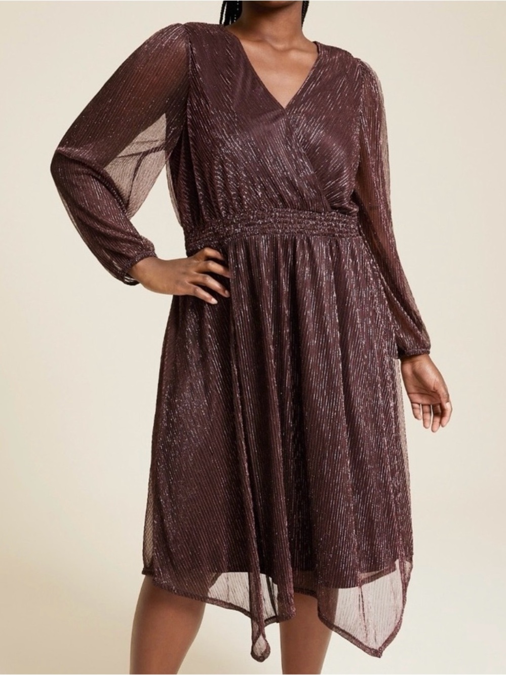 Maurices Women's Metallic Plisse Long Sleeve Midi Dress Burgundy Size Medium